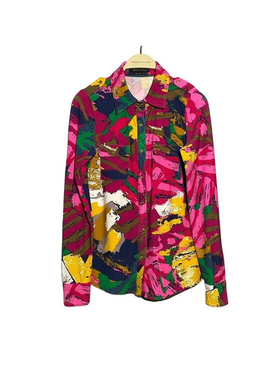 BCBGMaxAzria Tops - Bcbgmaxazria Blouse Top Women Size S Pink Colorful Retro Art Shoulder Tab Pocket